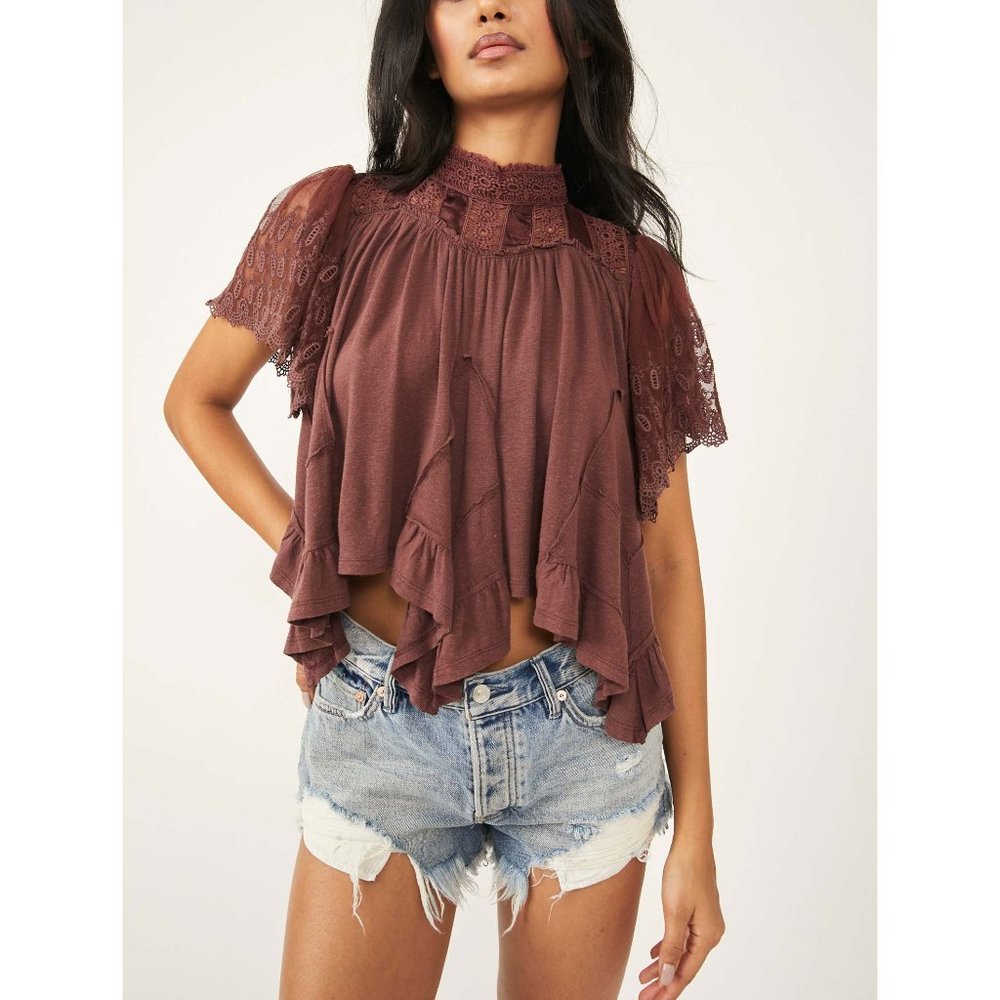 Free People Lace Trim Blouse in Burgundy